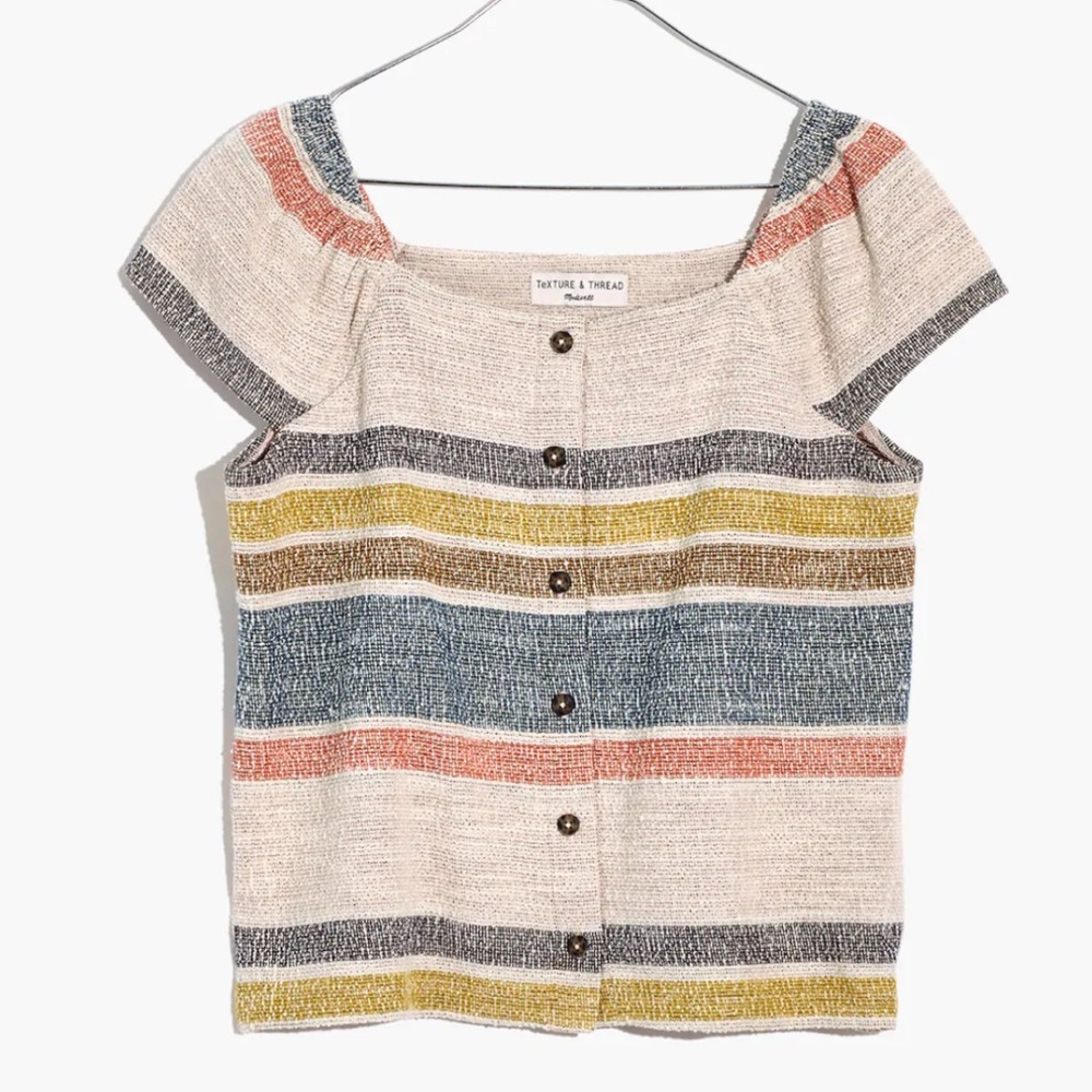 Madewell Striped Button-Front Short Sleeve Top in Cream, Blue, Mustard, Rust